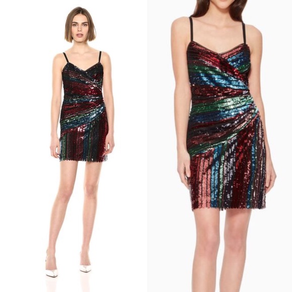 NWT Parker Black Rainbow Sequin Mini Wrap Dress - Picture 2 of 15